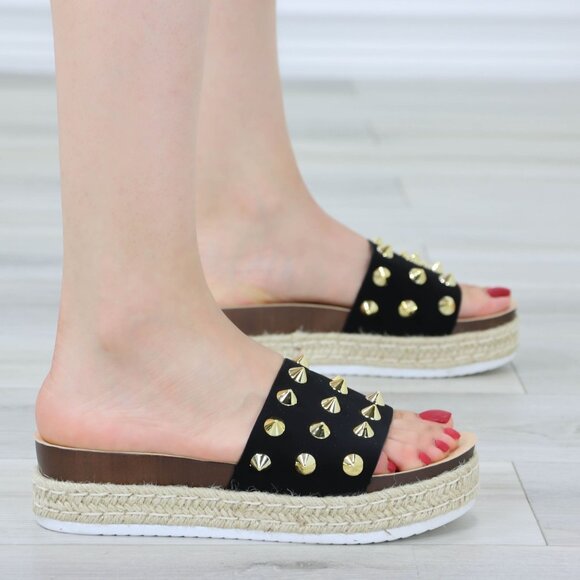 Black Platform Sandals Gold Studs Woven Midsole Chunky Sole Slip-On - Picture 6 of 11